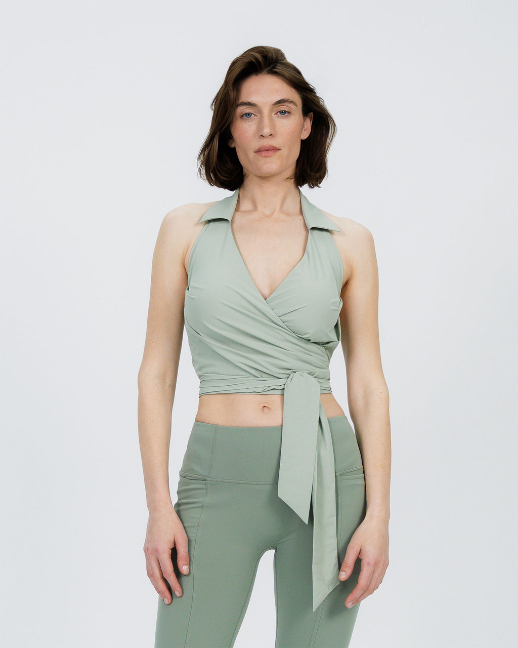 Travel Wrap Top with Collar sage
