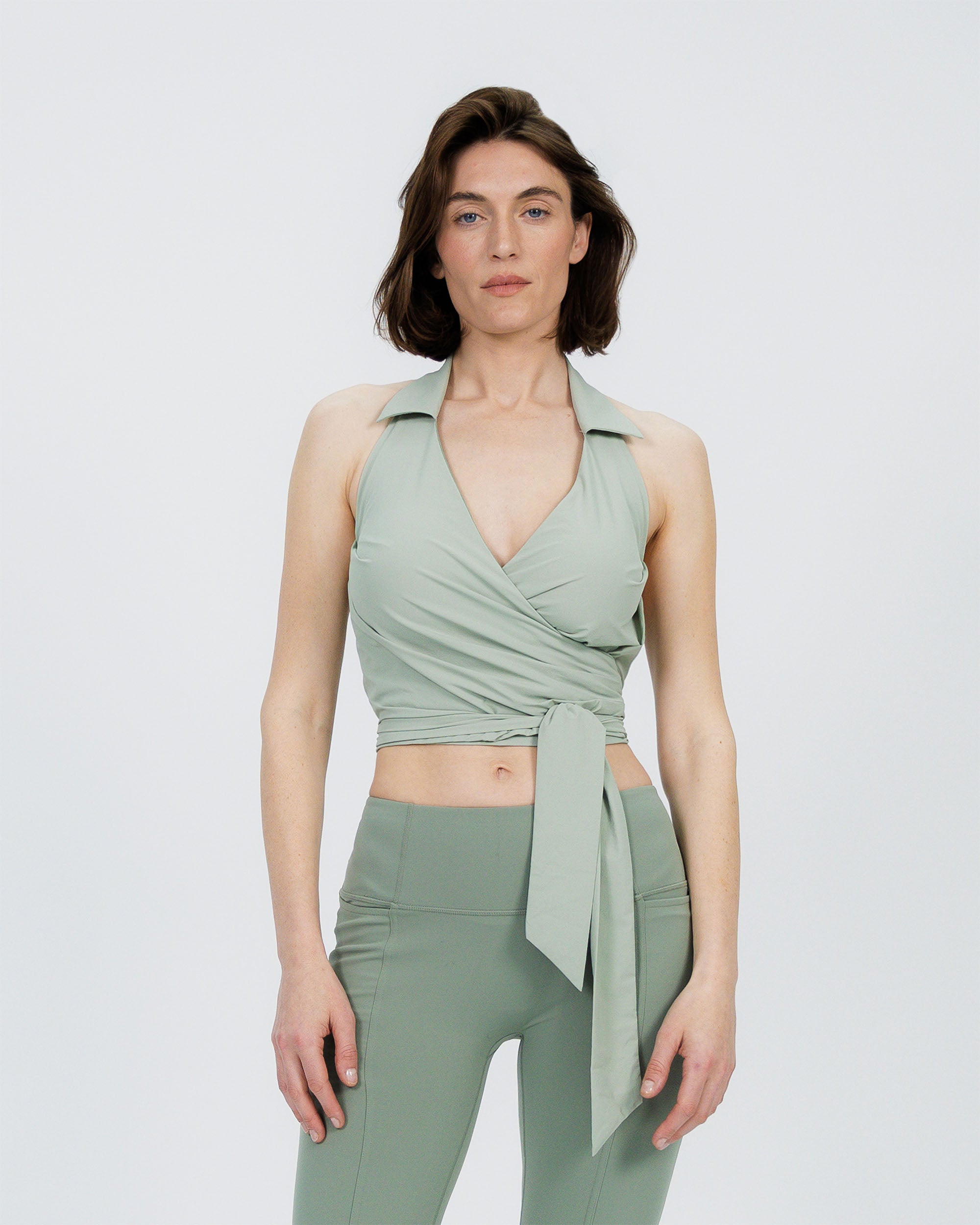 Travel Wrap Top with Collar sage