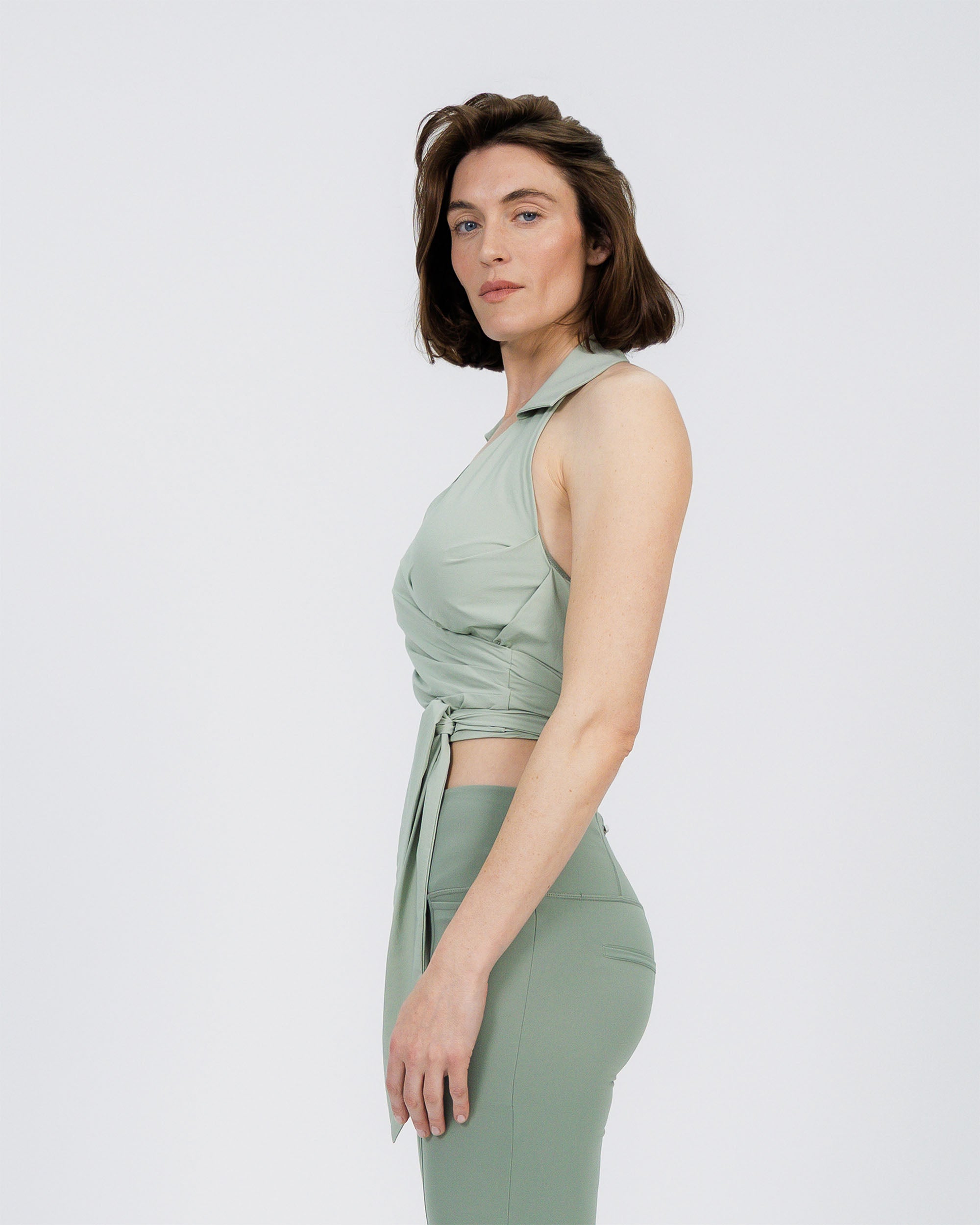Travel Wrap Top with Collar sage